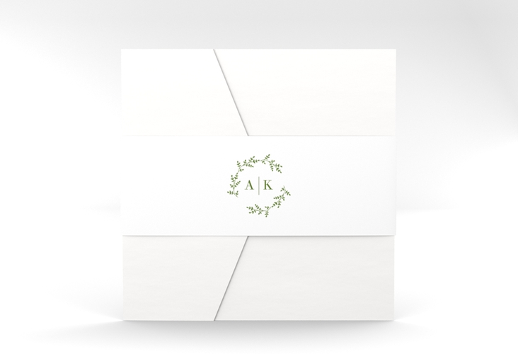 Hochzeitseinladung Filigrana Pocketfold gruen in reduziertem Design mit Initialen und zartem Blätterkranz