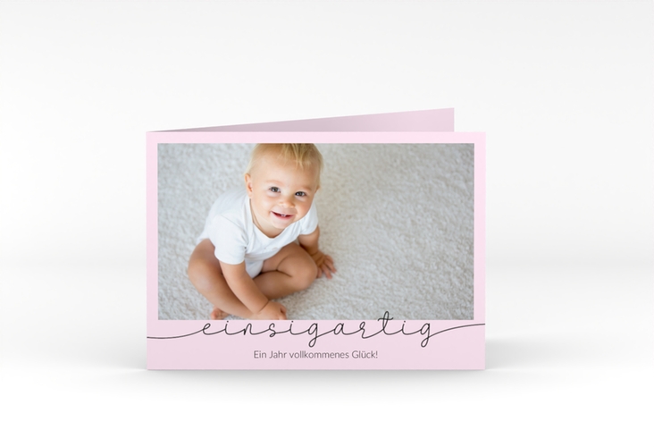 Einladungskarte Kindergeburtstag Einsigartig A6 Klappkarte quer rosa zum 1. Geburtstag mit Kinderfoto