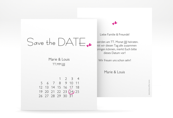 Save the Date-Kalenderblatt Twohearts Kalenderblatt-Karte pink