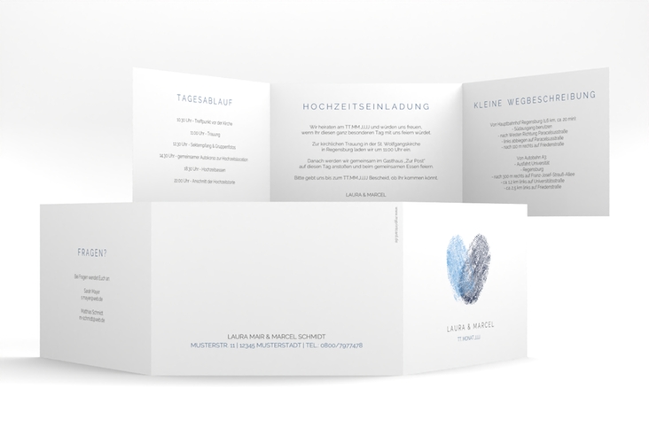 Hochzeitseinladung Fingerprint A6 Doppel-Klappkarte blau hochglanz schlicht mit Fingerabdruck-Motiv