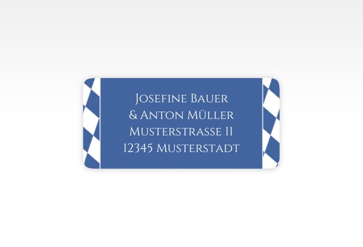 Absenderetikett Hochzeit Bayrisch 45,7 x 21,2 mm mit weiß-blauen Rauten und Brezel in Herzform