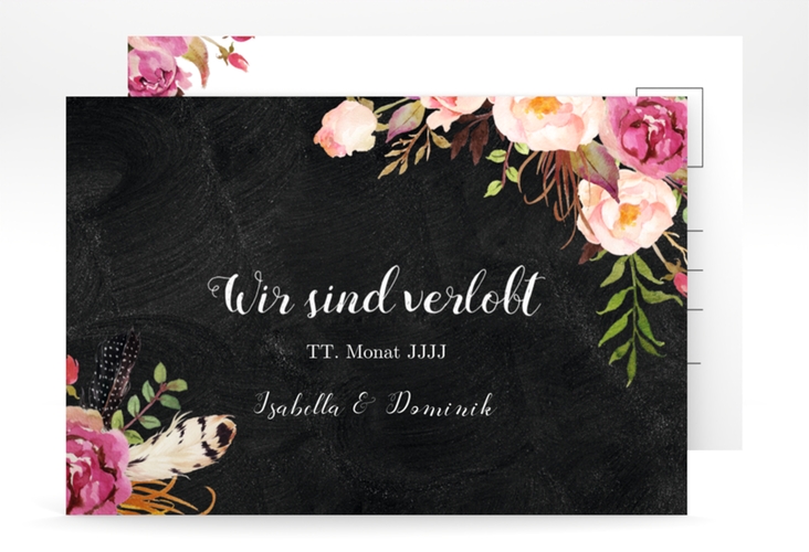Verlobungskarte Hochzeit Flowers A6 Postkarte schwarz mit bunten Aquarell-Blumen