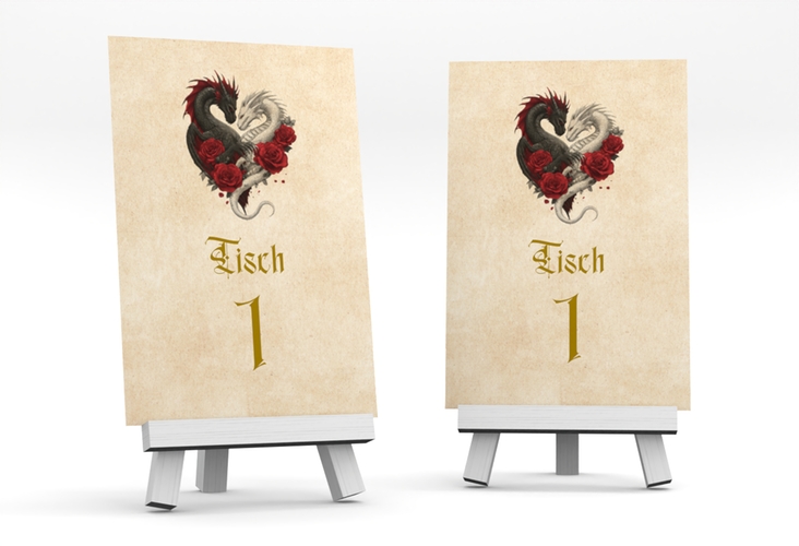 Tischnummer Hochzeit Drachenliebe Tischaufsteller mit schwarzem und weißem Drachen zu einem Herz verschlungen