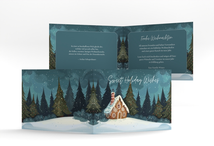 Weihnachtskarte Knusperhaus A6 Klappkarte quer tuerkis hochglanz mit Lebkuchenhaus im Winterwald