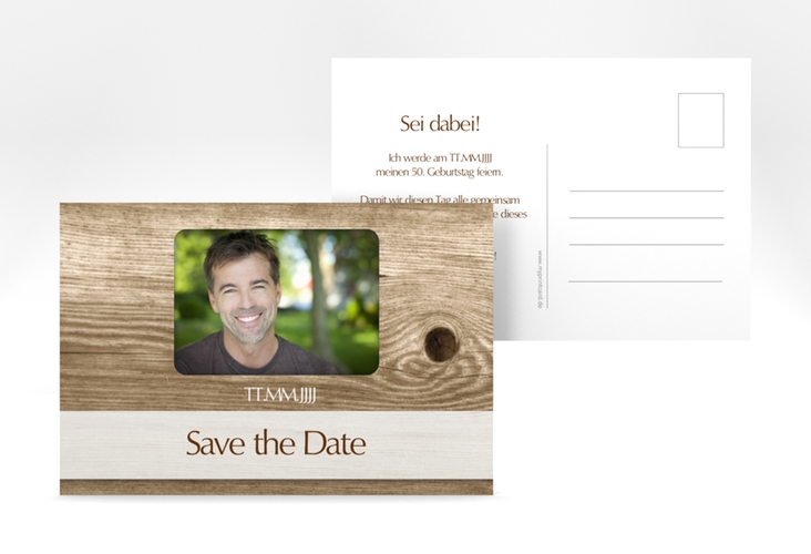 Save the Date-Postkarte Geburtstag Michael/Michaela A6 Postkarte im rustikalen Holz-Design mit Foto