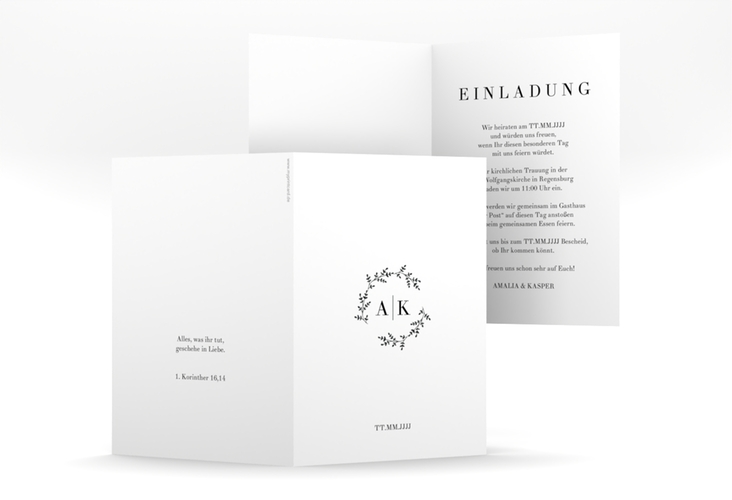 Einladungskarte Hochzeit Filigrana A6 Klappkarte hoch hochglanz in reduziertem Design mit Initialen und zartem Blätterkranz
