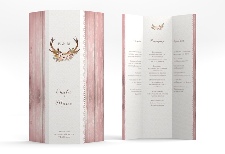 Menükarte Hochzeit Heimatjuwel A4 Wickelfalzkarte rosa hochglanz mit Hirschgeweih und Holz-Hintergrund