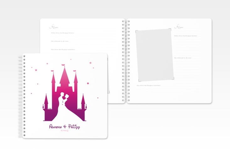 Gästebuch Hochzeit Castle Ringbindung pink mit Silhouette von Märchenschloss mit Prinz und Prinzessin