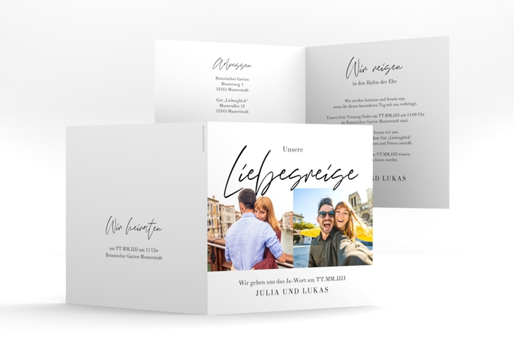 Hochzeitseinladung Liebesreise quadr. Klappkarte