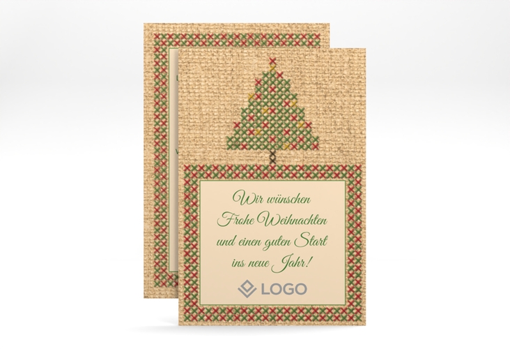 Geschäftliche Weihnachtskarte Stickerei A6 Karte hoch gruen in Jute-Optik mit aufgesticktem Christbaum