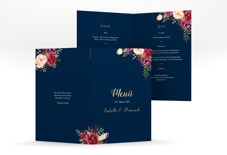 Menükarte Hochzeit Flowers A5 Klappkarte hoch blau hochglanz mit bunten Aquarell-Blumen