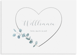 Klick: Details zu Willkommensschild Leinwand "Greenheart" anzeigen Willkommensschild Leinwand Greenheart 70 x 50 cm Leinwand grau mit elegantem Herz und Eukalyptus-Zweig