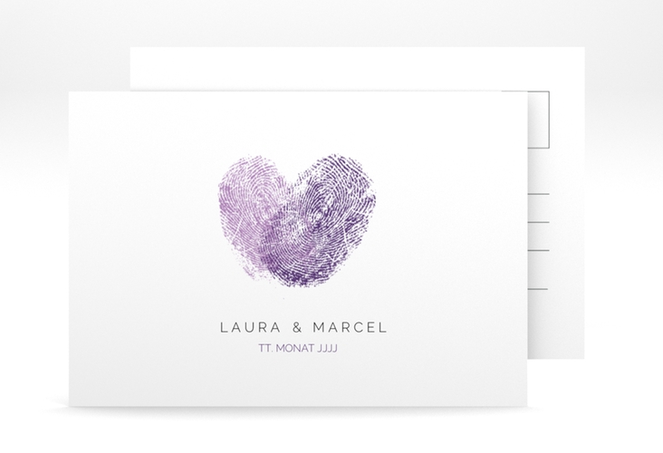 Antwortkarte Hochzeit Fingerprint A6 Postkarte lila hochglanz schlicht mit Fingerabdruck-Motiv