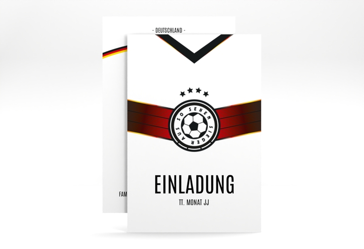 Party Einladungskarte Fussballfieber A6 Karte hoch im Nationaltrikot-Design