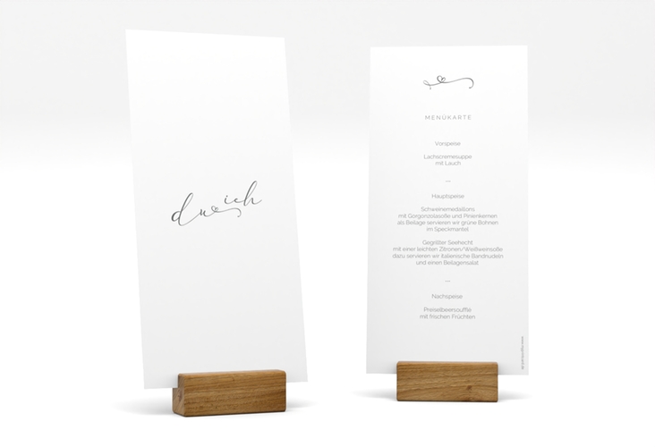 Menükarte Hochzeit Zweisamkeit lange Karte hoch im minimalistischen Stil mit Aufschrift du & ich