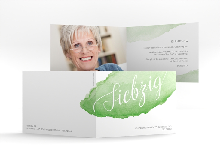 Einladung 70. Geburtstag Aquarell A6 Klappkarte quer gruen