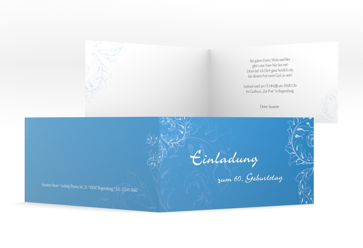 Einladung 60. Geburtstag Peter/Petra lange Klappkarte quer blau hochglanz