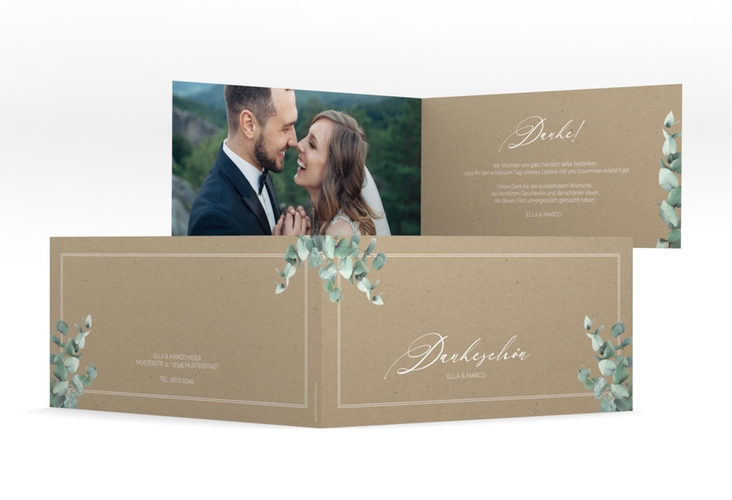 Danksagungskarte Hochzeit Eucalypt lange Klappkarte quer Kraftpapier hochglanz mit Eukalyptus und edlem Rahmen