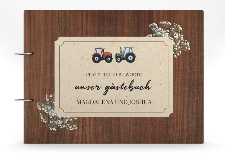 Gästebuch Holzcover Nussbaum Bauernhochzeit Holz-Cover, bedruckt braun in rustikaler Holz-Optik mit Schleierkraut und zwei kleinen Traktoren