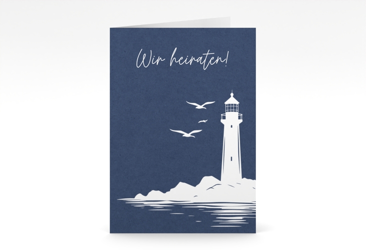 Einladungskarte Hochzeit Leuchtturm A6 Klappkarte hoch blau hochglanz