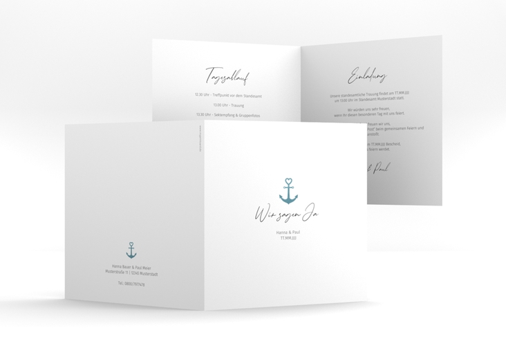 Hochzeitseinladung Ankerliebe quadr. Klappkarte weiss im minimalistischen maritimen Design mit Anker
