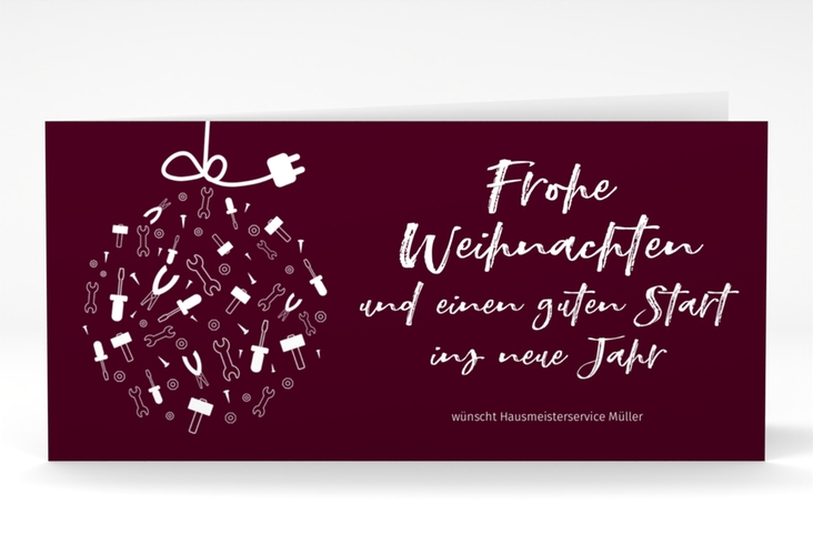 Business-Weihnachtskarte Werkzeugkugel lange Klappkarte quer rot hochglanz mit Weihnachtskugel aus Werkzeugen
