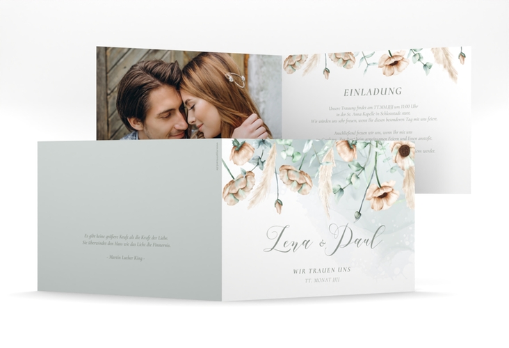 Hochzeitseinladung Anemone mittlere Klappkarte quer mint hochglanz