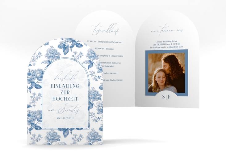 Einladungskarte Hochzeit Blue Floral A6 Bogen-Klappkarte + Foto weiss mit blauem Blumenmuster auf weißem Grund