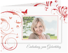 Einladung Geburtstag Papillon A6 Klappkarte quer rot