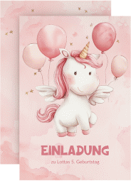 Einladungskarte Kindergeburtstag Rosa Pony A6 Karte hoch rosa mit Einhorn-Pegasus und Luftballons
