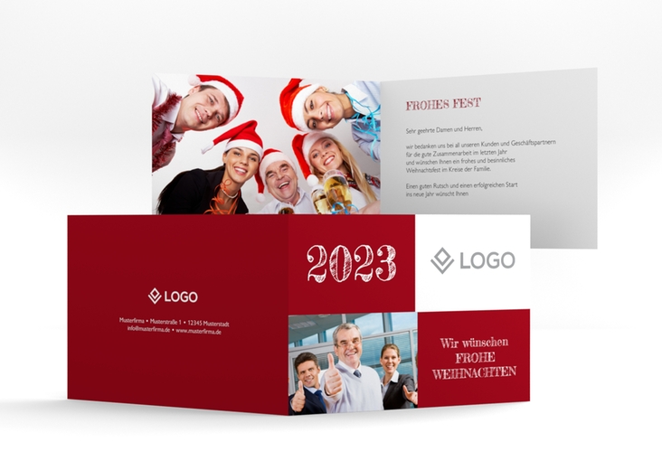 Geschäftliche Weihnachtskarte Partner A6 Klappkarte quer rot hochglanz modern mit Logo Ihrer Firma
