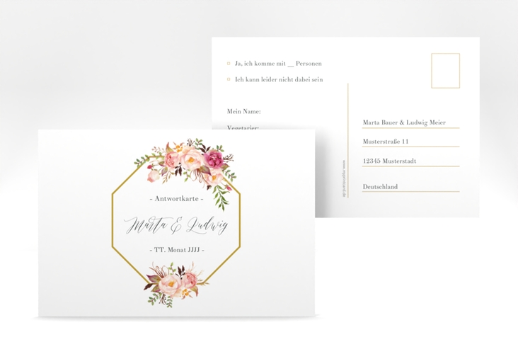 Antwortkarte Hochzeit Prachtvoll A6 Postkarte weiss