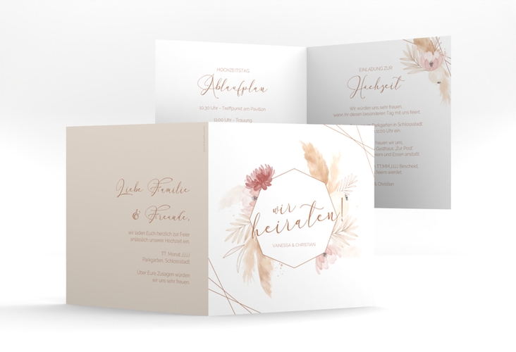 Hochzeitseinladung Bohostyle quadr. Klappkarte beige hochglanz mit Pampasgras in Aquarell