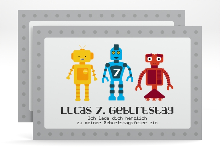 Einladungskarte Kindergeburtstag Roboter A6 Karte quer grau mit drei bunten Robotern