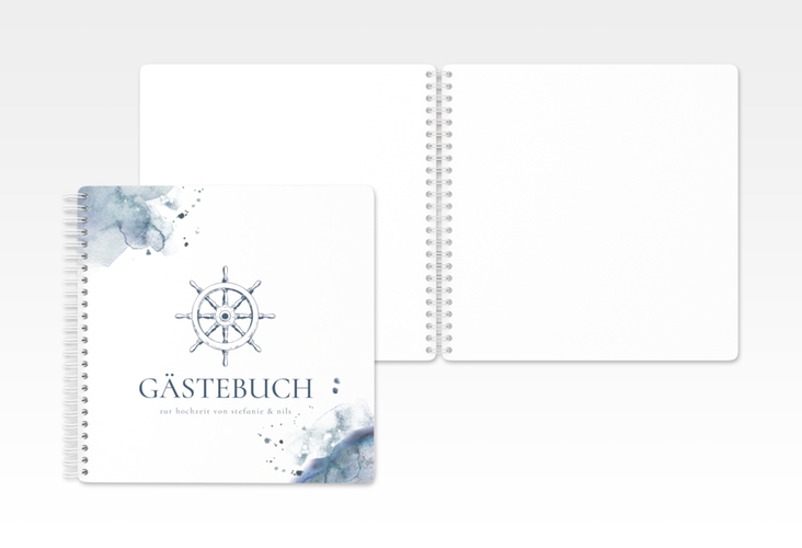 Gästebuch Hochzeit Steuerrad Ringbindung in maritimen Blautönen