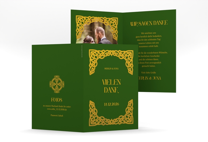 Dankeskarte Hochzeit Celtic A6 Klappkarte hoch gruen mit keltischem Knoten in irischen Farben
