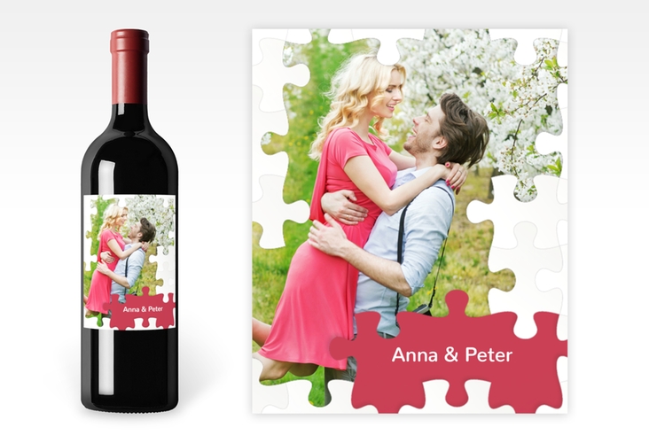 Weinetikett zur Hochzeit Puzzle Etikett Weinflasche 4er Set rot