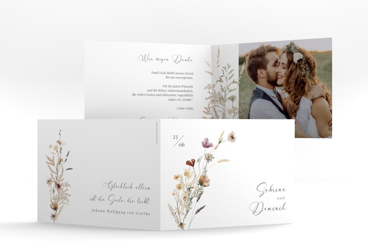 Danksagungskarte Hochzeit Sauvages A6 Klappkarte quer weiss hochglanz mit getrockneten Wiesenblumen