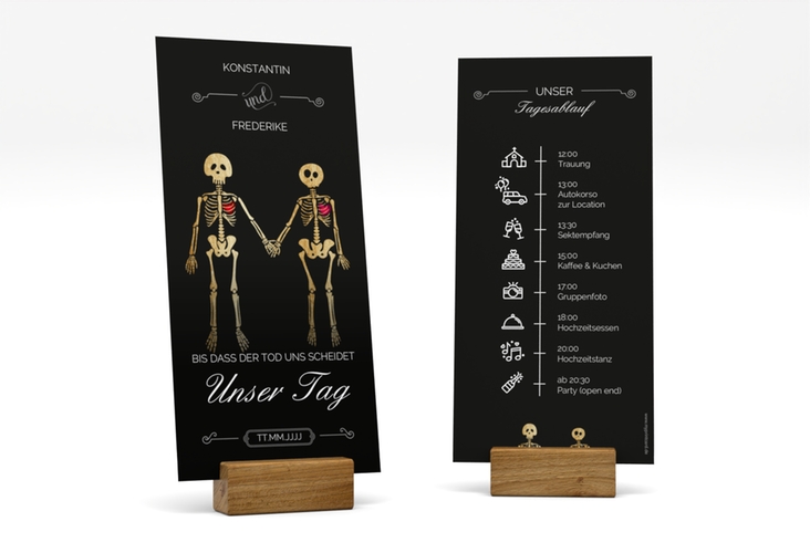 Tagesablauf Hochzeit Bones lange Karte hoch mit Skelett-Ehepaar im Cartoon-Stil