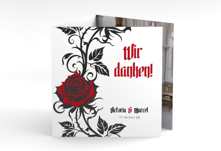 Danksagungskarte Hochzeit Red Rose quadr. Doppel-Klappkarte weiss