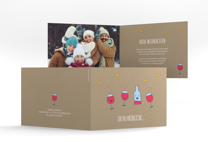 Weihnachtskarte Weihnachtspunsch A6 Klappkarte quer Kraftpapier mit singenden Getränken im Cartoon-Stil
