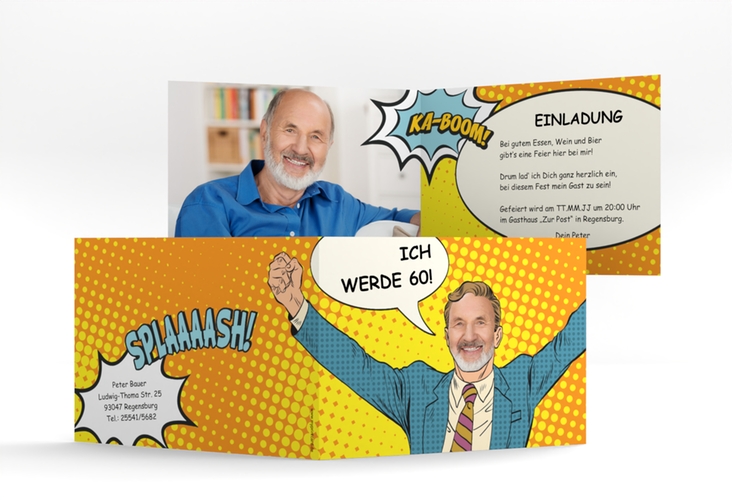 Einladung 60. Geburtstag Popart Man A6 Klappkarte quer