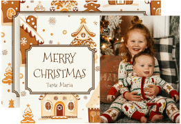 Weihnachtskarte Lebkuchenhäuschen A6 Karte quer beige für Weihnachtsgrüße mit Familienfoto