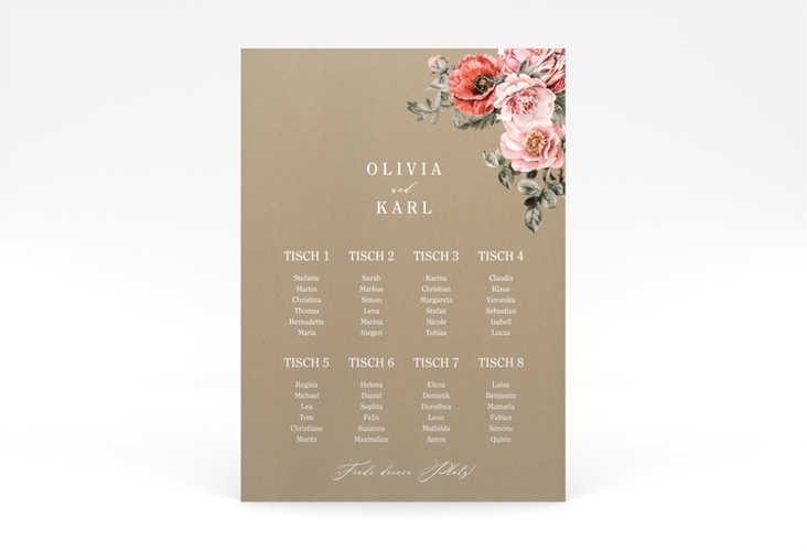 Sitzplan Poster Hochzeit Grazioso 50 x 70 cm Poster Kraftpapier modern mit Mohnblumen und Rosen