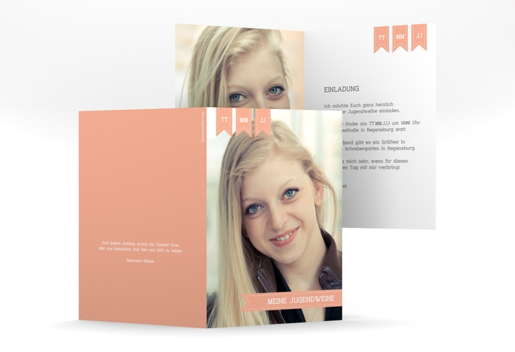 Einladung Jugendweihe Youthful A6 Klappkarte hoch apricot hochglanz mit eigenem Foto