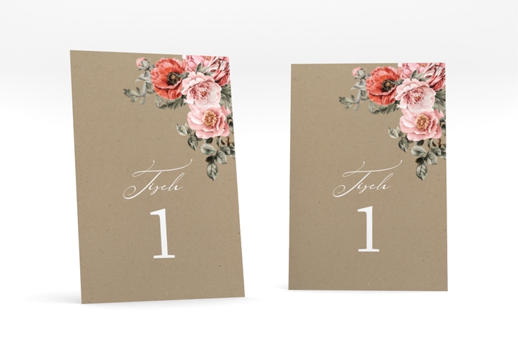 Tischnummer Hochzeit Grazioso Tischaufsteller Kraftpapier modern mit Mohnblumen und Rosen