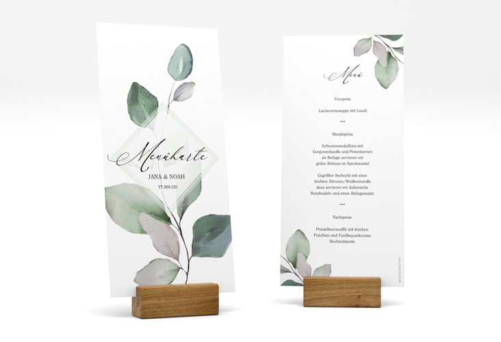 Menükarte Hochzeit Foglia lange Karte hoch weiss edel mit Eukalyptus im Aquarell-Design