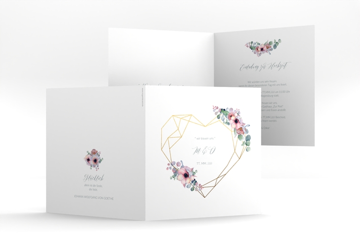 Hochzeitseinladung Herzgold quadr. Klappkarte weiss hochglanz