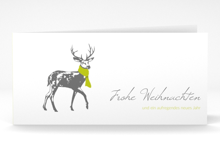Geschäftliche Weihnachtskarte Hirsch lange Klappkarte quer gruen hochglanz mit Hirsch mit Schal