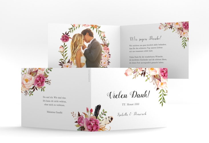Danksagungskarte Hochzeit Flowers A6 Klappkarte quer weiss mit bunten Aquarell-Blumen